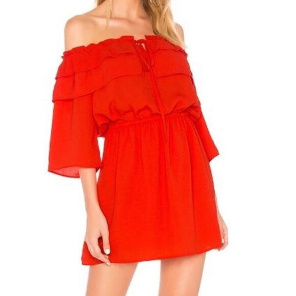 Jack by BB Dakota M Vibrant Poppy Red On or Off Shoulder Ruffle Mini Dress - Picture 16 of 16